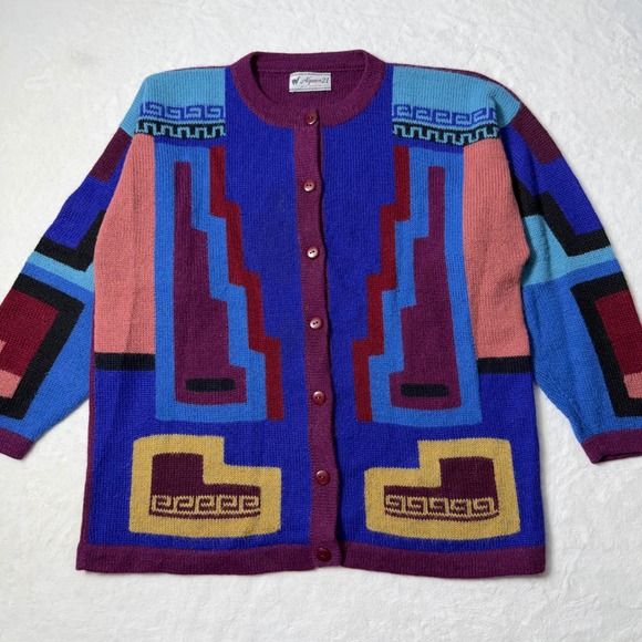 Alpaca 21 Sweaters - Alpaca21 Peru 100% Alpaca Geometric Cardigan Sweater Blue Purple Pink Size Large